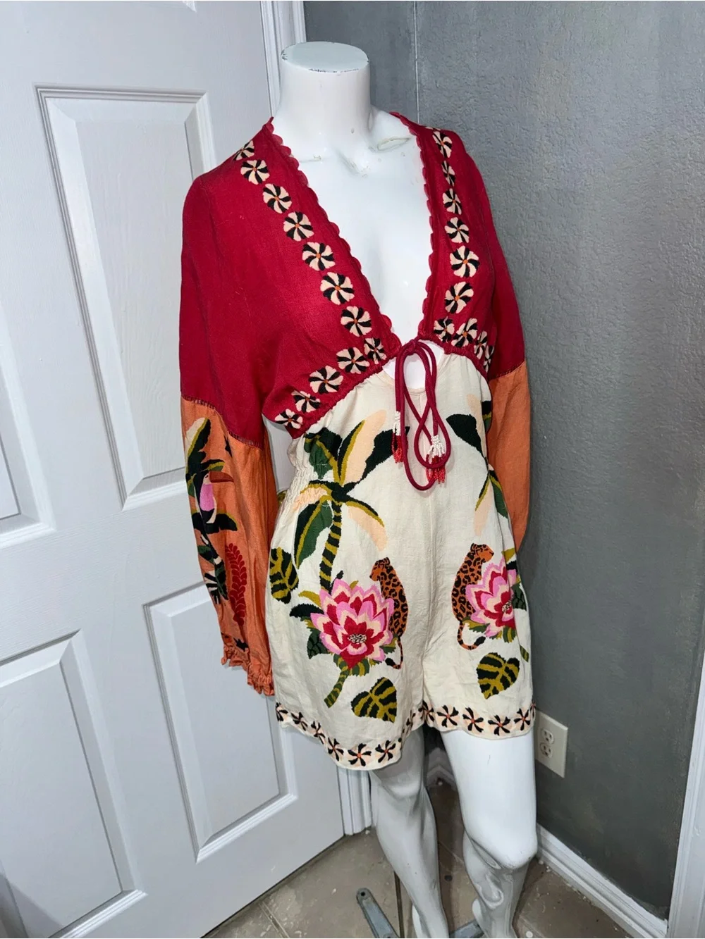 Anthropologie Pink and Cream Embroidered V-Neck Romper - Picture 10 of 17